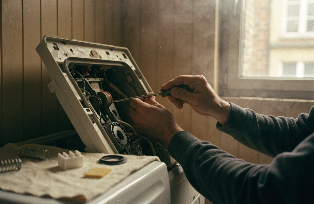 A technician's hands working inside an opened washing machine